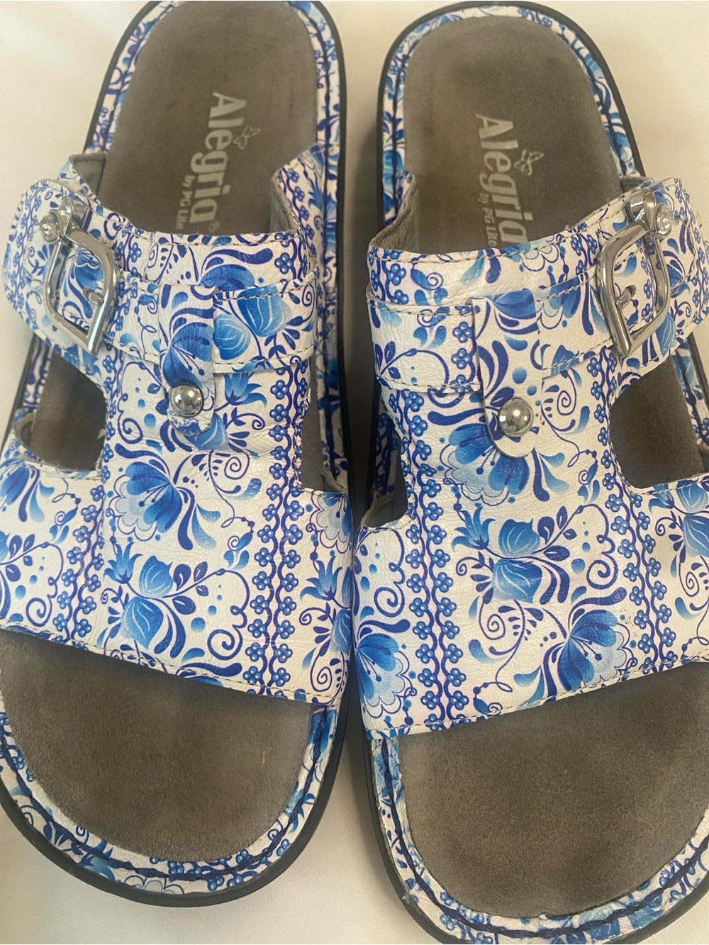 Alegria Blue & White Floral Buckle Mules